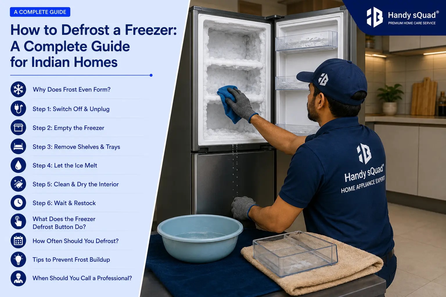 How to defrost a freezer in Indian homes – Handy sQuad technician removing ice buildup from a frost-covered freezer.