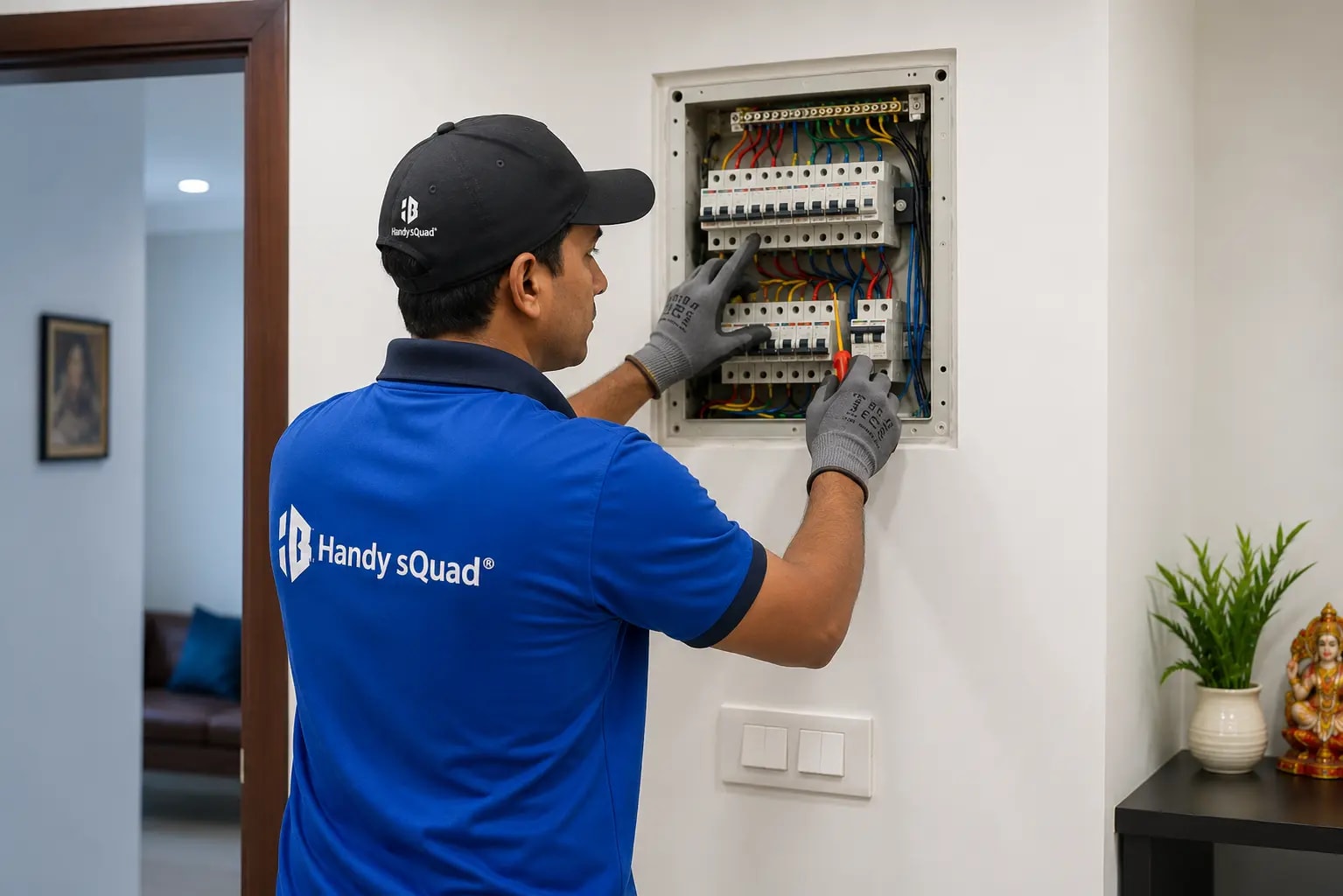 Certified electrician from Handy sQuad repairing a residential electrical panel